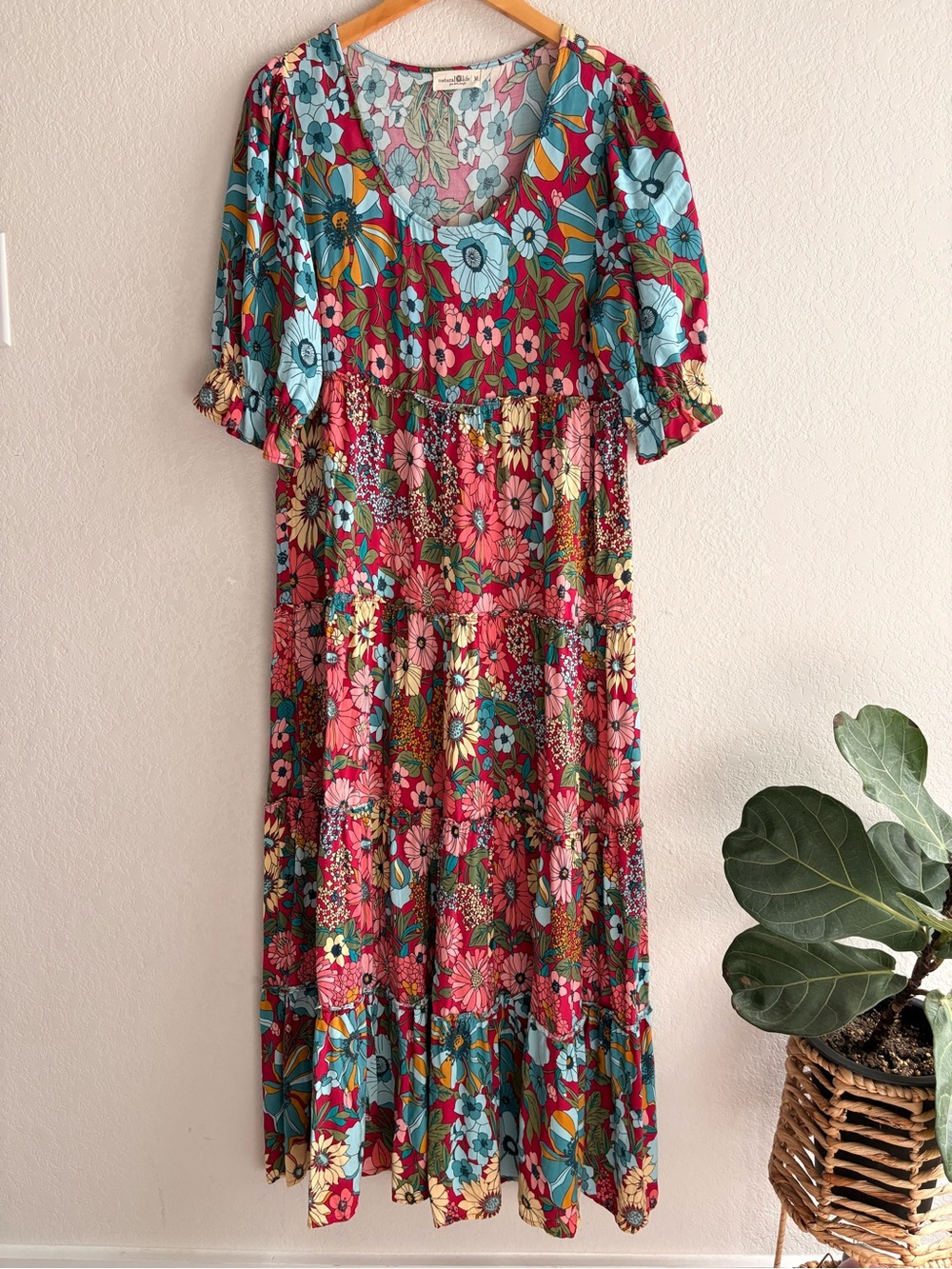 Natural Life Collette Tiered Blue Red Floral Maxi Dress Boho Size m/L